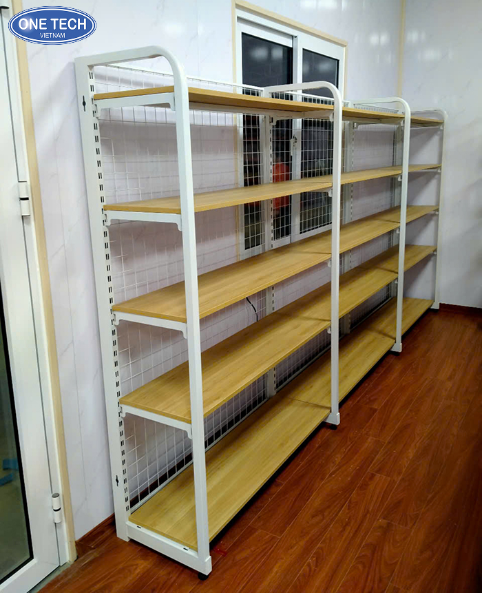 Steel frame rack with wooden shelves