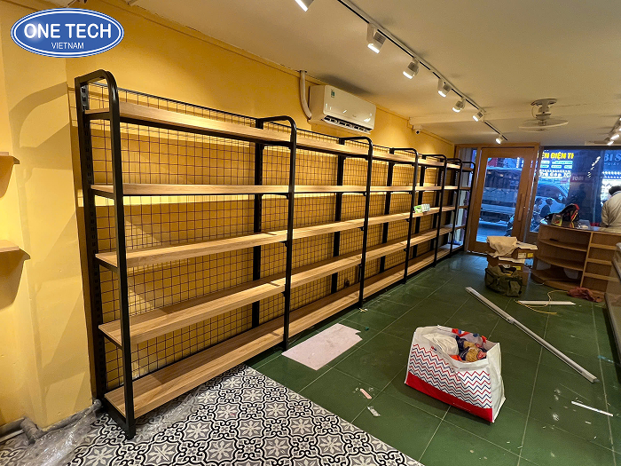 Steel frame rack with wooden shelves