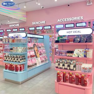 Pink Sheet Metal Supermarket Shelves For Displaying Cosmetics And Toiletries 3 Pink Sheet Metal Supermarket Shelves For Displaying Cosmetics And Toiletries 3